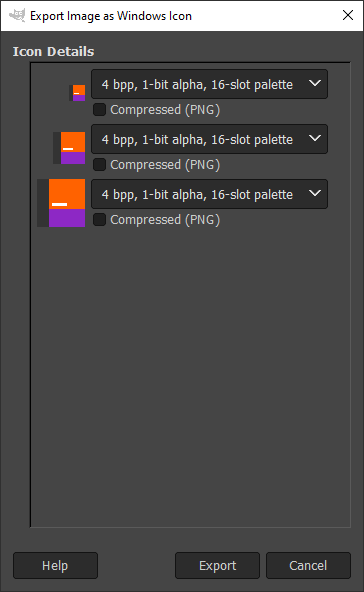 Screenshot of GIMP: The Export Image as Windows Icon dialog